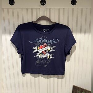 Y2K Blue Ed Hardy Graphic Crop Top - XL